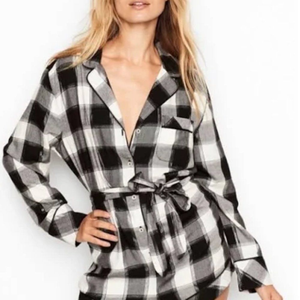 VICTORIA'S SECRET Plaid Romper Tie Back Black and White SOFT Flannel Size L - Picture 1 of 8